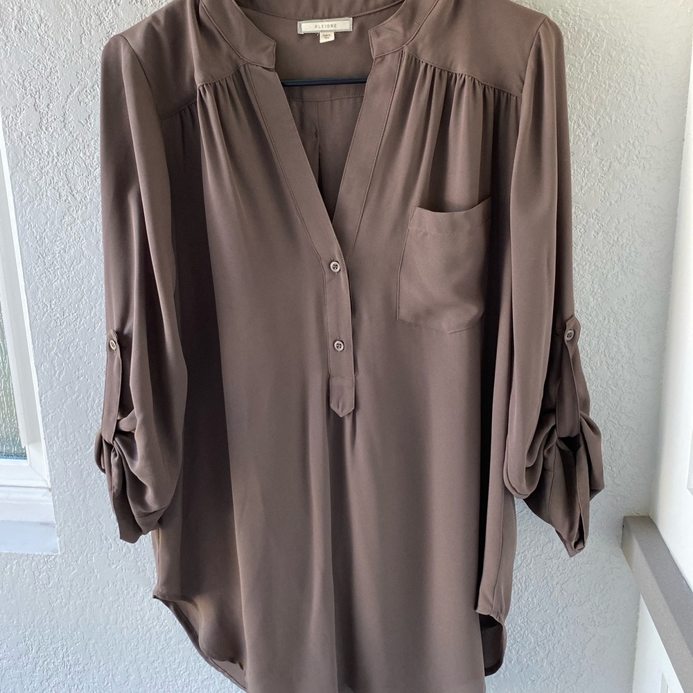 Pleione Taupe Blouse with Roll-Up Sleeves